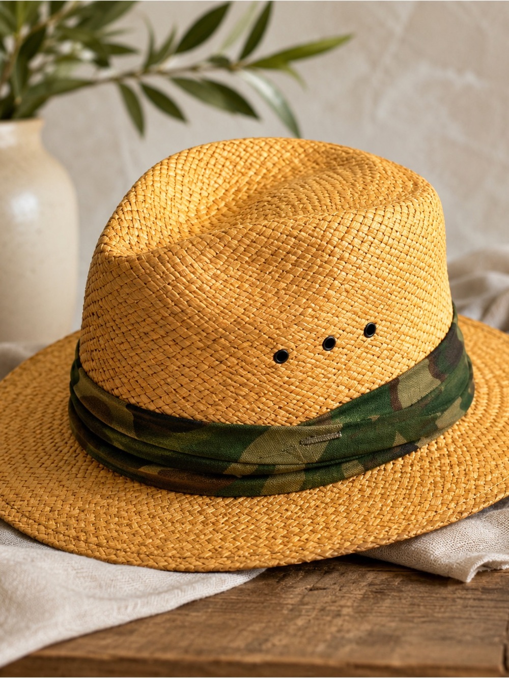 Vintage Stetson Natural Straw Fedora Hat with Camouflage Band